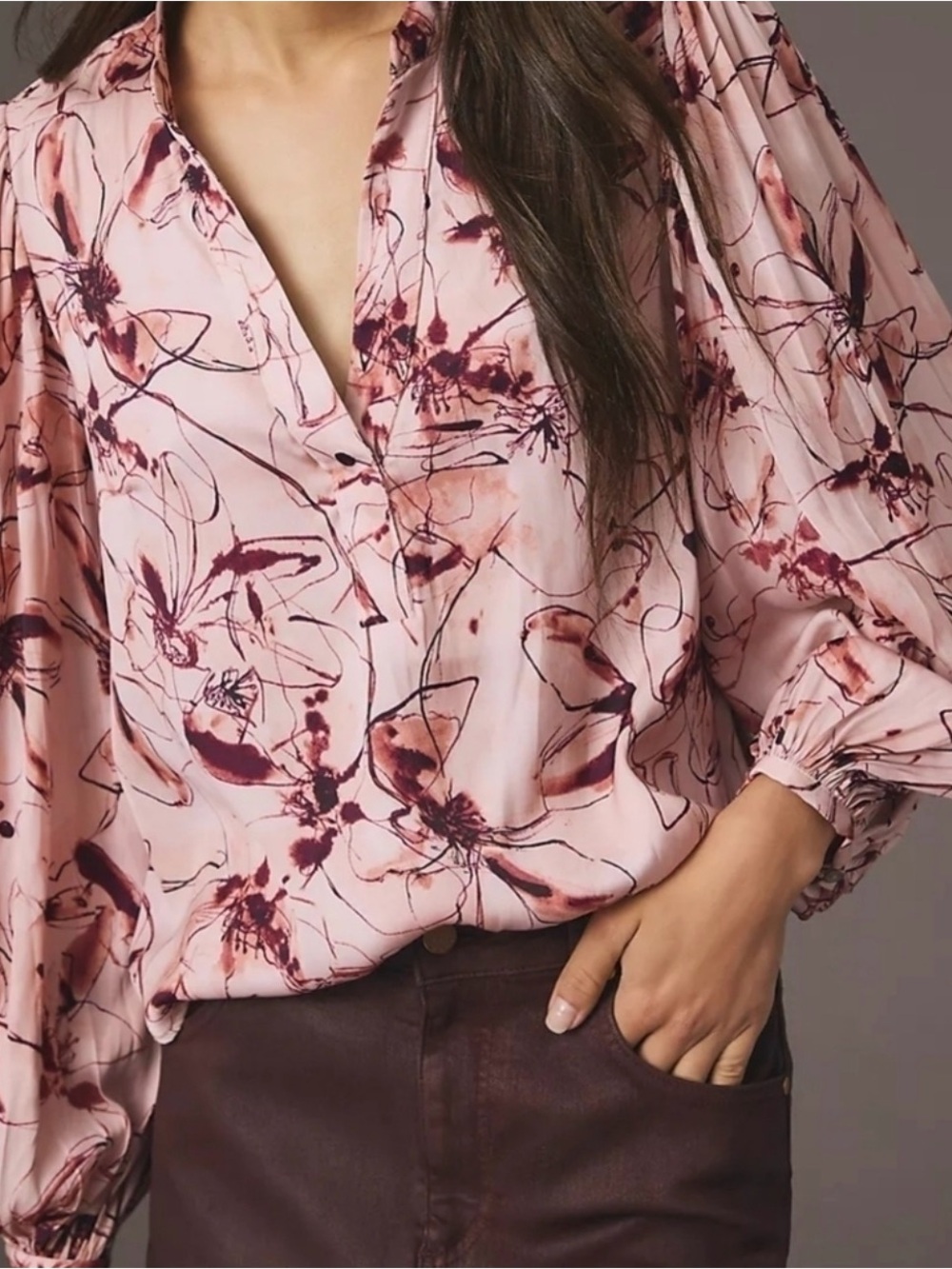 Anthropologie Pink Floral V-Neck Balloon Sleeve Blouse